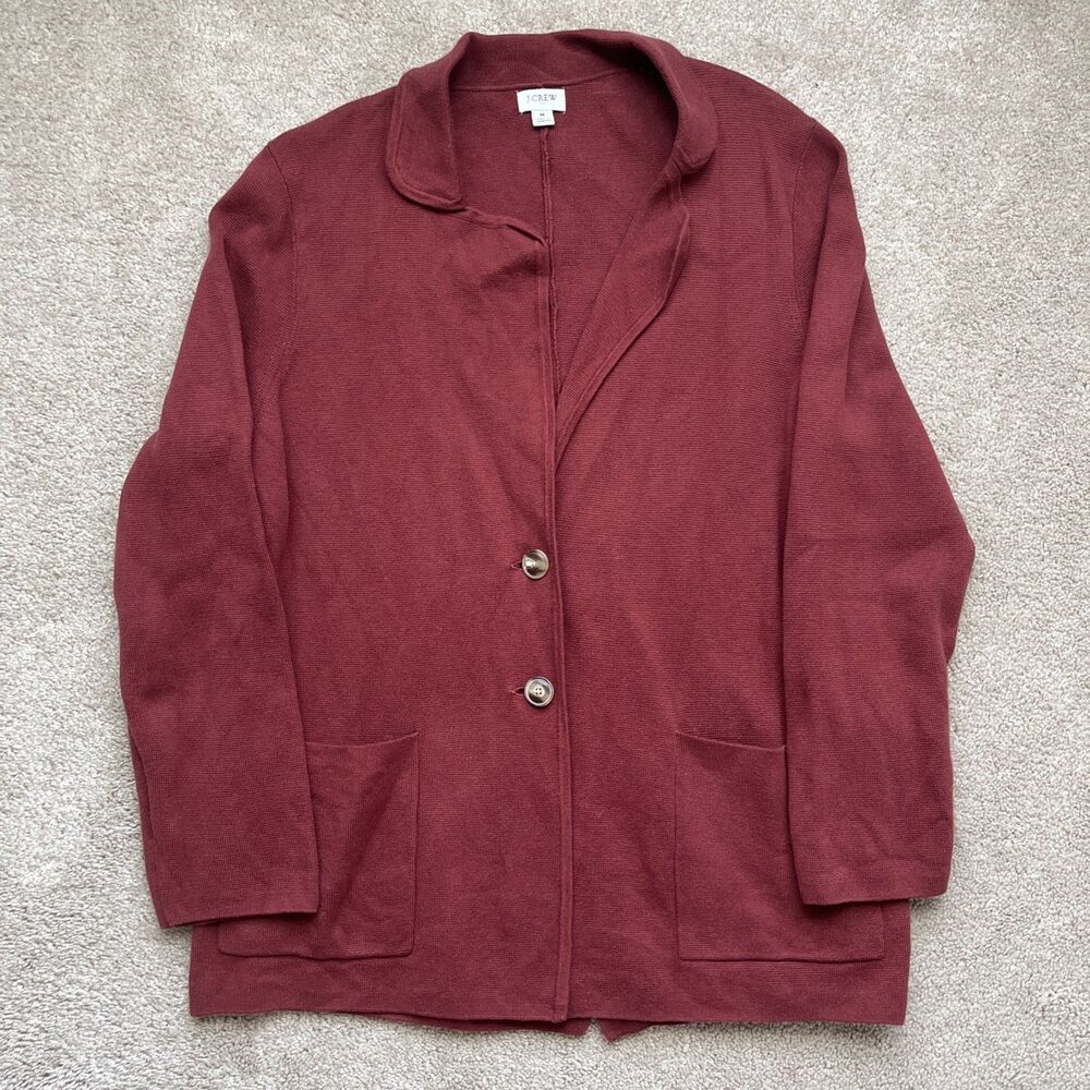 J Crew Sweater Blazer Women Medium Cotton Red Rust Knit Pockets Preppy 2-button